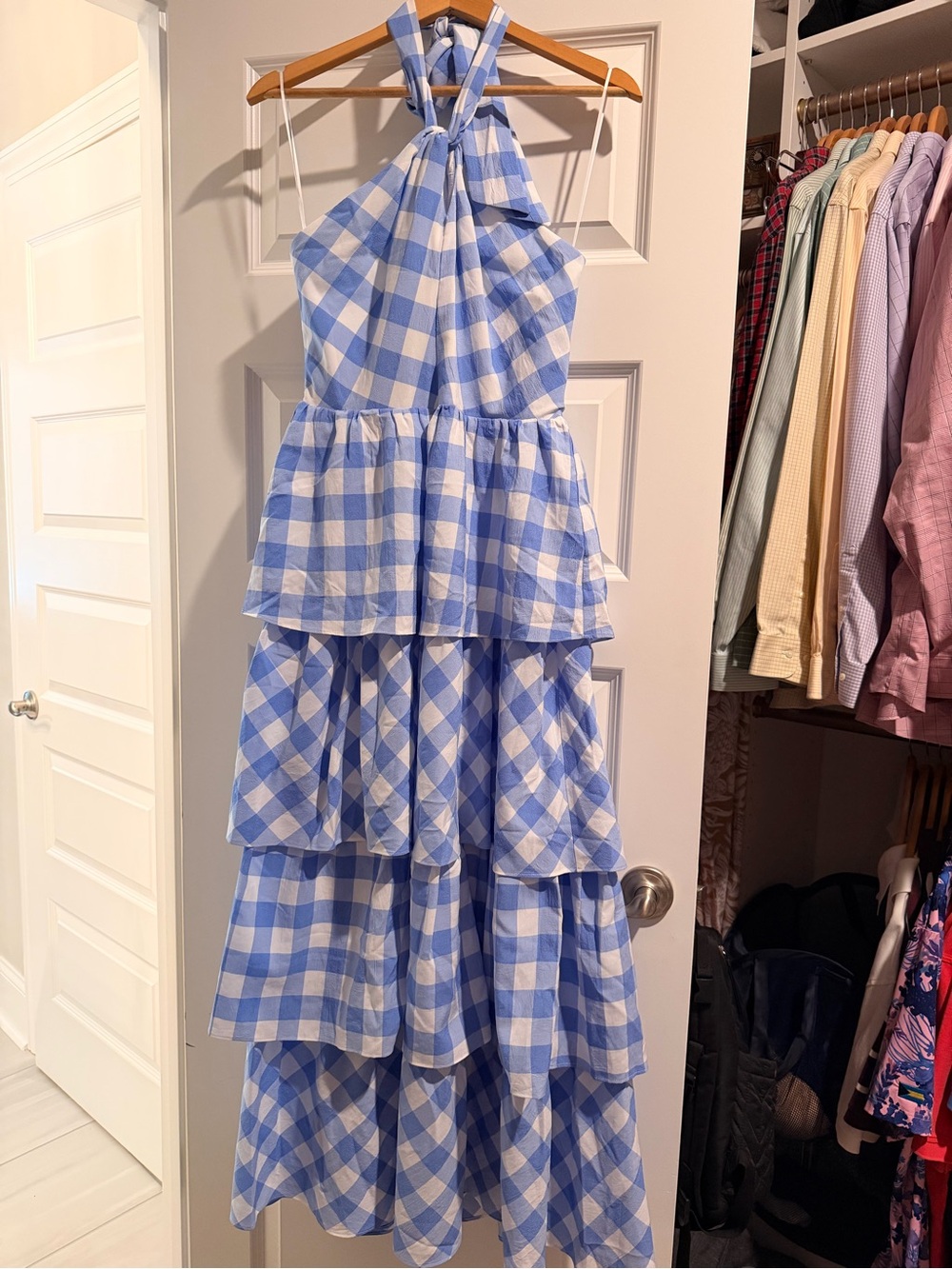 Dance & Marvel Light Blue and White Gingham Tiered Halter Dress